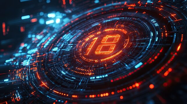 Futuristic digital countdown timer interface with glowing numbers and high-tech elements on a dark background 