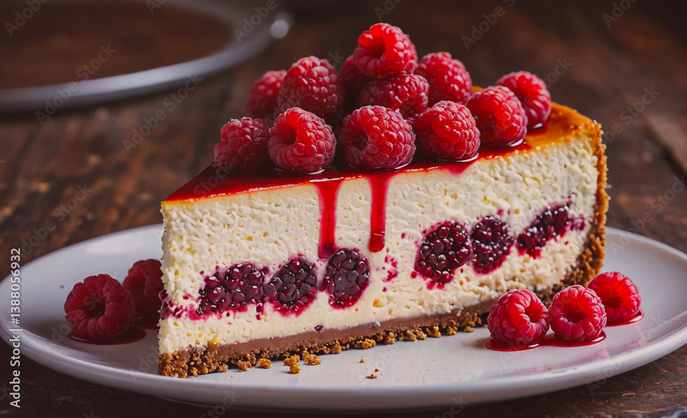 Poster Slice of cheesecake with raspberries on top. The raspberries are scattered around the edge of the slice