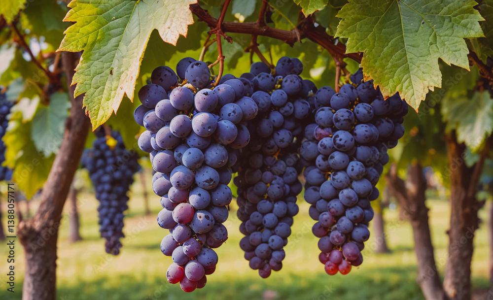 Poster bunch of grapes hanging from a vine. the grapes are purple and are clustered together. the vine is g