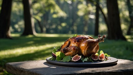 A beautifully roasted turkey garnished with figs and greens, set in a serene outdoor setting.