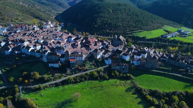 Aerial drone view of the village of Ans&oacute; on the Veral River in the Western Valleys Natural Park. La Jacetania region. Huesca, Aragon, Spain. Europe.