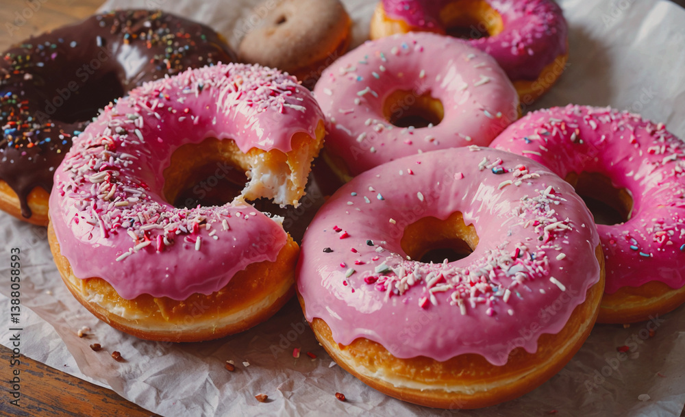 Poster row of donuts with pink frosting and sprinkles. one of the donuts has been partially eaten