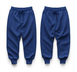 Two navy blue sweatpants, front and back mockup, isolated on a white background