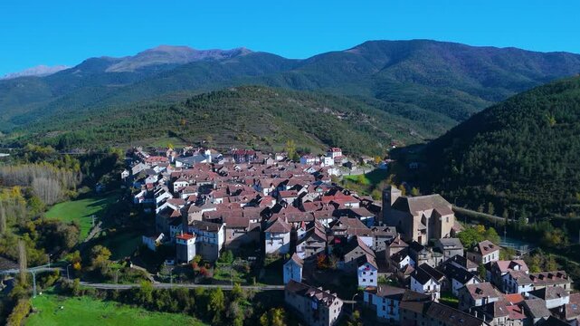 Aerial drone view of the village of Ans&oacute; on the Veral River in the Western Valleys Natural Park. La Jacetania region. Huesca, Aragon, Spain. Europe.