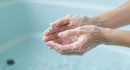 Washing hands with soap creating bubbles and droplets, conveying a sense of cleanliness and care, highlighting personal hygiene in a serene bathroom setting with soft blue tones