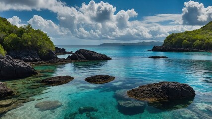 Obraz premium Serene coastal landscape with clear waters, rocky formations, and lush greenery.