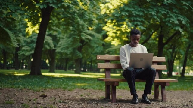 Man, freelancer, student with laptop on a banch in park.