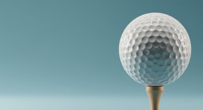 Close-up of a golf ball resting on a wooden tee against a serene blue background, radiating a calm and focused atmosphere while symbolizing precision in the game of golf