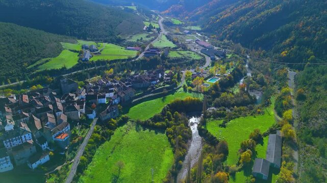 Aerial drone view of the village of Ans&oacute; on the Veral River in the Western Valleys Natural Park. La Jacetania region. Huesca, Aragon, Spain. Europe.