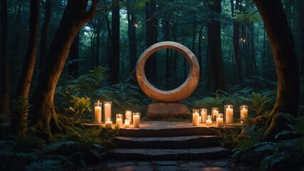 Obraz premium A serene forest scene featuring a circular wooden structure and candles on stone steps.