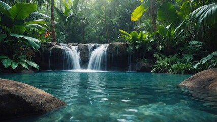 A serene jungle scene featuring a waterfall and tranquil pool surrounded by lush greenery.