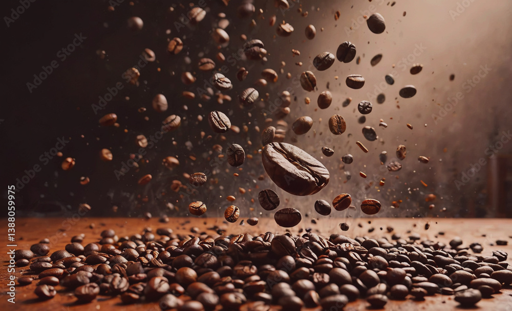 Poster Pile of coffee beans with one bean in the middle. The beans are scattered all over the table