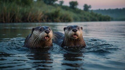 Fototapeta premium Two playful otters swimming in a serene river at dawn.