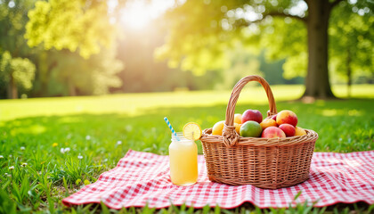 Colorful picnic basket with fruits and lemonade on checkered blanket, summer joy