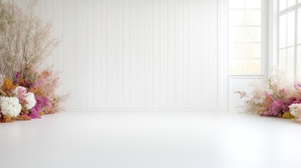 A bright white room features dried flower arrangements on either side. The minimalist setting includes a white paneled wall and a large window. The image is well-lit, high-resolution, and features a