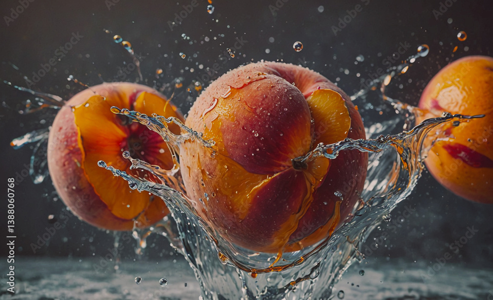 Poster Three juicy, ripe oranges are floating in a bowl of water, creating a beautiful and refreshing scene. The water is splashing out of the bowl, creating a sense of movement and energy