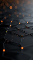 Fototapeta premium Abstract close-up image featuring a textured black background with glowing orange dots and hexagonal patterns.