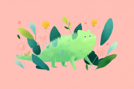 Cute chameli illustration surrounded by leaves and flowers