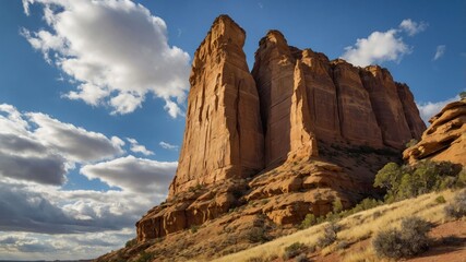 Fototapeta premium Majestic rock formations under a blue sky with clouds.