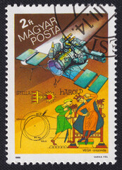 Hungarian postage stamp issued in 1986 celebrates the VEGA mission to Venus and Halley's Comet,...