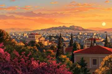 Sunset landscape of big town in Greece