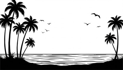 tropical island silhouette, palm trees, beach, ocean waves, flying seagulls, black and white illustration, minimalist design, vector art, tropical paradise, vacation vibes, seaside landscape 