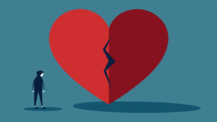 Hesitant Heart An illustration of a large heart with one side shadowed and cracked symbolizing vulnerability. A small figure stands nearby looking apprehensive before approaching
