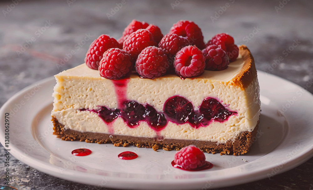 Poster slice of cheesecake with raspberries on top. the raspberries are scattered around the edge of the sl