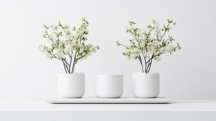 Two small flowering plants in white pots sit on a white tray. The plants have delicate white blossoms. The image is clean and minimalist, with bright, even lighting. The style is simple and modern.