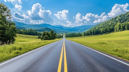 A scenic drive through a picturesque landscape with open fields, rolling hills, and the excitement of a road trip adventure