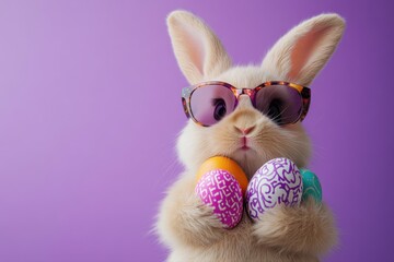 Cool bunny with sunglasses holding Easter eggs, isolated on bright purple background. Easter themed!
