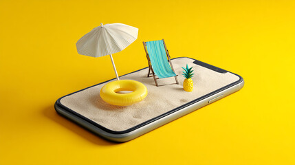 Miniature beach scene on smartphone screen: umbrella, lounge chair, inflatable ring, pineapple on sand, yellow background, showcasing summer vacation concept