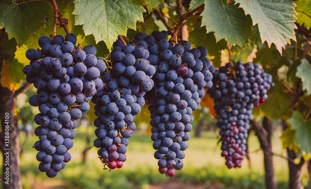 Poster Bunch of grapes hanging from a vine. The grapes are purple and are in clusters. There are four clusters of grapes