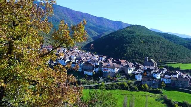 Aerial drone view of the village of Ans&oacute; on the Veral River in the Western Valleys Natural Park. La Jacetania region. Huesca, Aragon, Spain. Europe.