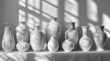 Elegant collection of ceramic vases showcasing artistic designs in soft sunlight