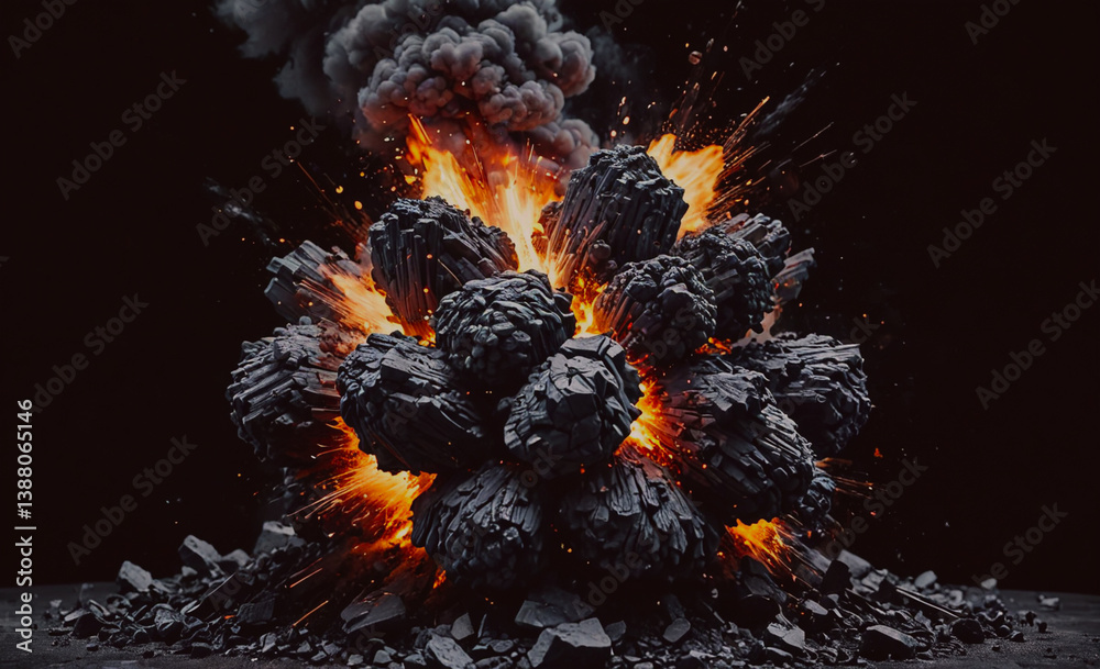 Poster Massive pile of rocks with a raging fire in the center. The fire is surrounded by the rocks, creating a chaotic and dangerous scene. The rocks are of various sizes and shapes, with some larger and