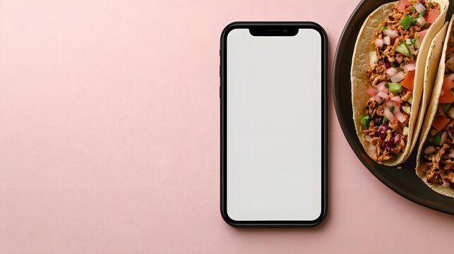 Tacos and Mobile Screen: A modern fusion of food and technology as delicious tacos are artfully presented alongside a mobile phone, inviting viewers to savor a feast for the senses.