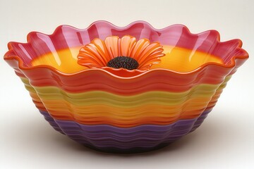 Colorful ceramic bowl adorned with a vibrant flower in a warm, inviting setting