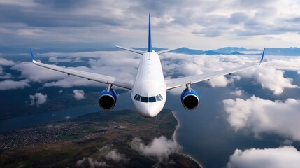 Airplane Flying Over Clouds and Landscape with Clear Blue Sky