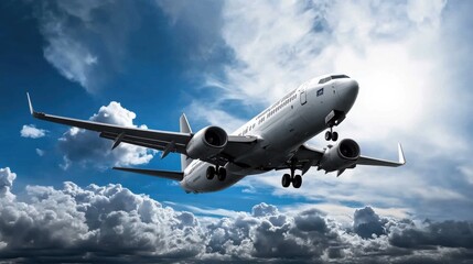 Obraz premium Airplane Taking Off Against Dramatic Cloudy Sky Background