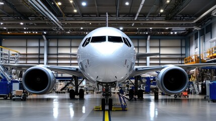 Airplane Front View in Modern Aircraft Hangar with Machinery
