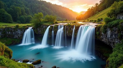 Fototapeta premium Cascade du Ray Pic waterfall in France at dawn, with mild, sunny summer conditions, captured from a panoramic perspective.