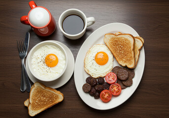 breakfast with fried eggs and toast