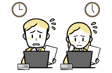 焦りながらパソコン作業をする、スーツを着た若い男女