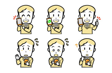 携帯電話を使う、スーツを着た若い男性の表情セット