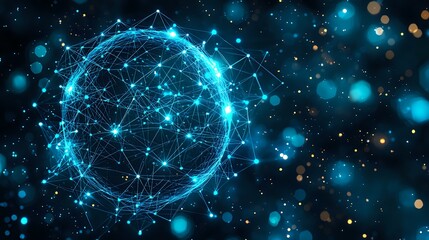 Obraz premium Glowing blue sphere formed by connected dots and lines against dark space background with bokeh light effects creates futuristic network visualization.