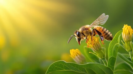 Close-up of Bee Pollinating Yellow Flowers in Natural Setting