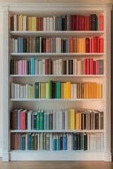 Colorful books arranged by spectrum on white built-in bookshelf, creating rainbow pattern across six shelves. Classical home library interior with hardcover volumes.