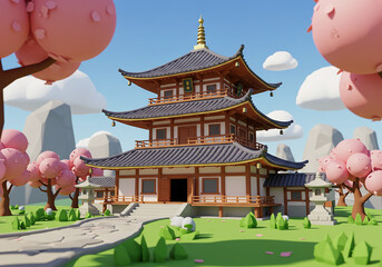 Japanese zen Temple traditional 3D style