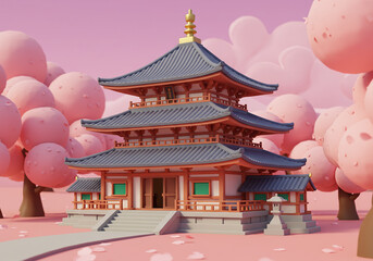 Japanese zen Temple traditional 3D style